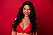 © deagreez - Portrait of attractive cheerful nude chic wavy-haired girl lover wearing lace beauty isolated over vibrant red color background
