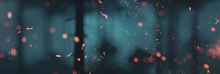 Wall Mural - 3d rendering of particles of fire in front of spooky blue forest at night