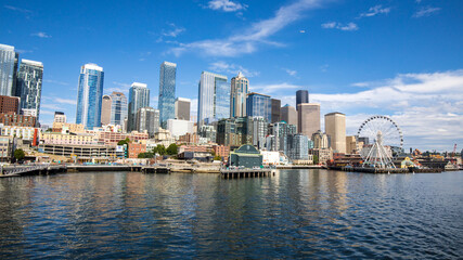 Seattle, Washington, USA - June 4 2021: Seattle skyline during summer. View from Elliott Bay. Space Needle. Washington state.