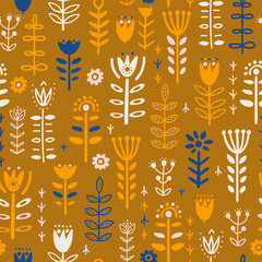 Wall Mural - Plants and deer in nordic style seamless pattern.