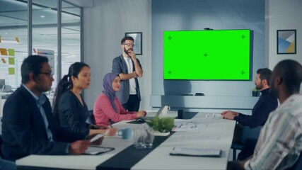Aufkleber - Office Conference Room Meeting Presentation: Hispanic Businessman Talks, Uses Green Screen Chroma Key Wall TV. Successfully Presenting a Product to Group of Multi-Ethnic Investors. e-Commerce Strategy