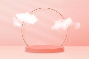 Poster - 3d podium with clouds on abstract background. Abstract scene with podium or platform for product presentation. Luxury background in pastel colors with podium mockup. Vector