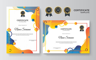 Appreciation and achievement certificate template design in two options. Set certificate template with dynamic and futuristic polygonal color and modern background with gold badge and border