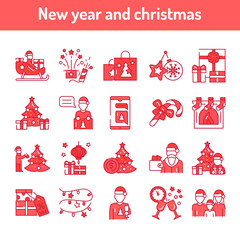 Wall Mural - Happy new year and christmas color line icons set.