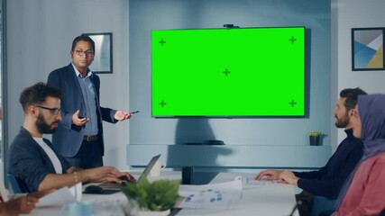 Aufkleber - Office Conference Room Meeting Presentation: Indian Businessman Talks, Uses Green Screen Chroma Key Wall TV. Digital Entrepreneur Talks about Product with Group of Multi-Ethnic Investors