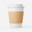 Disposable coffee cup with sleeve and lid on a plain background. 3d render.