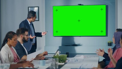 Aufkleber - Multi-Ethnic Office Conference Room Meeting: Indian Industrial Engineer Uses TV to Present Green Energy Engine Concept to a team of Technicians Talk. Eco-friendly Renewable Energy Prototype