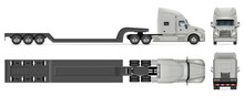 Lowboy Trailer Truck Vector Mockup On White For Vehicle Branding, Corporate Identity. View From Side, Front, Back And Top. All Elements In The Groups On Separate Layers For Easy Editing And Recolor