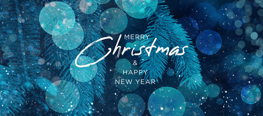 Wall Mural - Merry Christmas & Happy New Year Card Design Over Magical Blue Bokeh Lights and Snow Background with Christmas Tree Evergreen Pine Branches