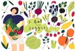 Woman with vegetables. Collection of vector objects. Natural organic and vegetarian food, mindful eating