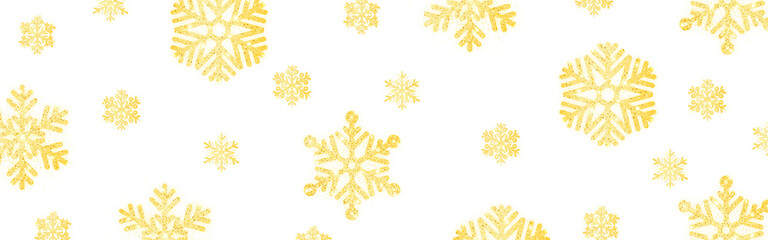 Wall Mural - Gold snowflakes on wide background. Gold snow flakes poster. Christmas decoration design. New Year symbols on white backdrop. Greeting card template. Vector illustration