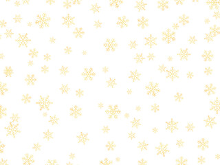 Wall Mural - Gold snowflakes on white backdrop. Christmas confetti template. Winter background with falling golden snow flakes. Festive design for poster, banner, card. Vector illustration