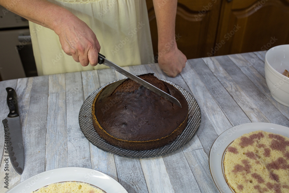 Step-by-step process of making a sour cream chocolate cake. Forming the ...