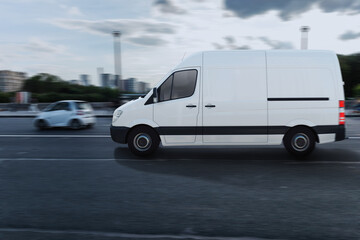 Transportation service with a white van moving fast on the road