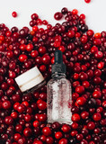 Fototapeta Tulipany - Glass bottle with liquid and cosmetic product with water drops. Serum or essential with cranberry. Health and medicine concept, beauty and selfcare. Top view, copy space