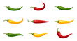 Vector set of realistic hot chilli peppers, large chilly pepper collection isolated on white. Flat vector illustration, cartoon style vegetables.