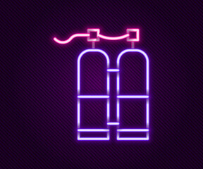 Poster - Glowing neon line Aqualung icon isolated on black background. Oxygen tank for diver. Diving equipment. Extreme sport. Sport equipment. Colorful outline concept. Vector