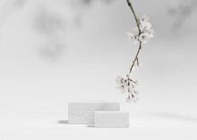 3D Background, White Podium. Cube Display, Sakura White Flower Tree Branch. Cosmetic Or Beauty Product Promotion Step Stone Floral Pedestal. Abstract Minimal Advertise. 3D Render Copy Space Template