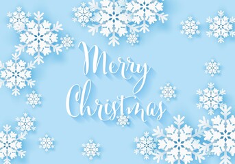Wall Mural - winter snowflake greeting banner with blue background. merry christmas white snow invitation design 