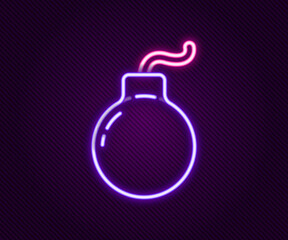 Poster - Glowing neon line Bomb ready to explode icon isolated on black background. Colorful outline concept. Vector