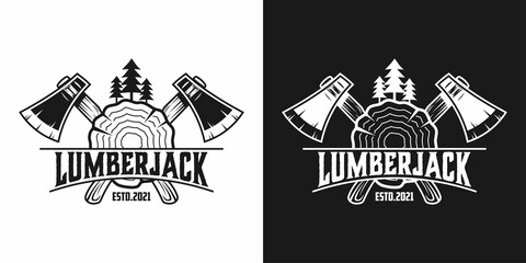 Lumberjack, carpentry, woodworker vintage logo with equipment forest products isolated