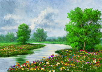 Digital oil paintings landscape, landscape with river and sky. Fine art