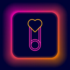 Sticker - Glowing neon line Baby clothes pin icon isolated on black background. Classic closed steel safety pin. Colorful outline concept. Vector