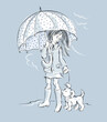 Sketch of little girl walking under umbrella with her favorite dog in bad weather. Black and white drawing on grey background. Vector cartoon illustration.