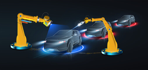 Robotic arm and robotic tool repairing a car in blue background.  Vehicle production process with innovative equipment. Industrial robotic welders will weld the car body on the assembly line.