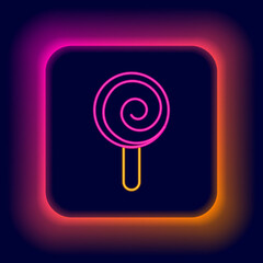 Sticker - Glowing neon line Lollipop icon isolated on black background. Candy sign. Food, delicious symbol. Colorful outline concept. Vector