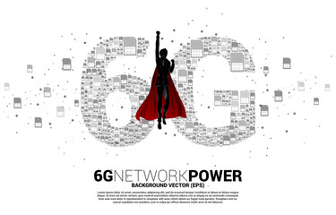 Poster - Silhouette of man in superhero suit with 6G from mobile sim card networking. Concept for power of mobile telecommunication global network.