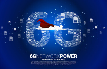 Poster - Silhouette of man in superhero suit with 6G from mobile sim card networking. Concept for power of mobile telecommunication global network.