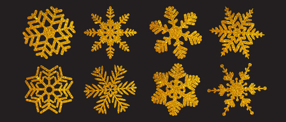 Wall Mural - Snowflakes vector collection. Winter set of golden isolated  icon silhouettes on black background