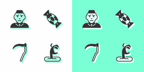 Wall Mural - Set Zombie hand, Priest, Scythe and Candy icon. Vector