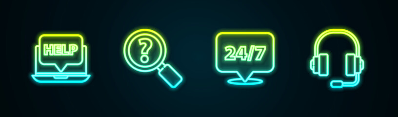 Canvas Print - Set line Laptop and help, Unknown search, Clock 24 hours and Headphones. Glowing neon icon. Vector