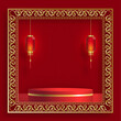 3d Podium round, square box stage podium and paper art Chinese new year,Chinese Festivals, Mid Autumn Festival, red paper cut, fan, flower and asian elements with craft style on background.
