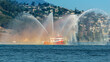 San Francisco fire boat spraying water in the bay creating a rainbow