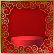 3d Podium round, square box stage podium and paper art Chinese new year,Chinese Festivals, Mid Autumn Festival, red paper cut, fan, flower and asian elements with craft style on background.
