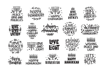 Hanukkah vector celebration typography set. Traditional Jewish holiday phrases collection. Love, light, latkes quote. Chanukah wishes isolated on white. Handwritten Hanuka festive black lettering