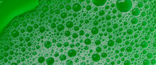 Green Bubble Banner, Soap Foam With Green Liquid. Flat Lay Top View