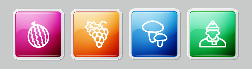 Set line Watermelon, Grape fruit, Mushroom and Autumn clothes. Colorful square button. Vector