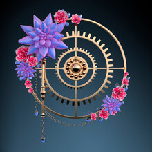 Beautiful Vintage Composition Of Blue Flowers And Gold Chains, Gears And Beads On A Dark Grey Background. Tattoo Style. Steampunk. 3d Illustration.