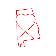 Alabama US State Red Outline Map With The Handwritten Heart Shape. Vector Illustration