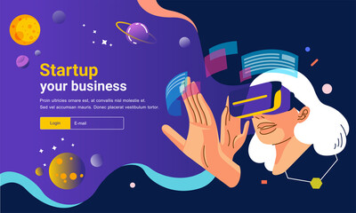 website banner illustration of young women using virtual reality glasses and touch the virtual interface with dark background