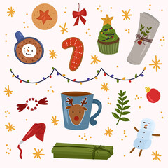 Wall Mural - Christmas collection colorfull holiday design elements. Cocoa,snowman marshmallow,cake,garland.