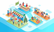 Isometric Illustration Of People Working And Hangout At Cafe And Coworking Space, Coworking Space And Cafe 3d Vector Illustration
