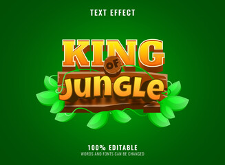 Wall Mural - funny cartoon king of jungle with wooden frame and branch leaves for game logo title text effect