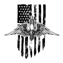 Winged Spark Plug On American Flag Background. Design Element For Logo, Emblem, Sign, Poster, T Shirt. Vector Illustration