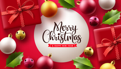 Wall Mural - Merry christmas vector template design. Christmas greeting in white frame space for text with ornaments and xmas elements for holiday season card decoration. Vector illustration. 