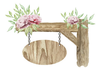 Wall Mural - Watercolor wooden round sign with flowers